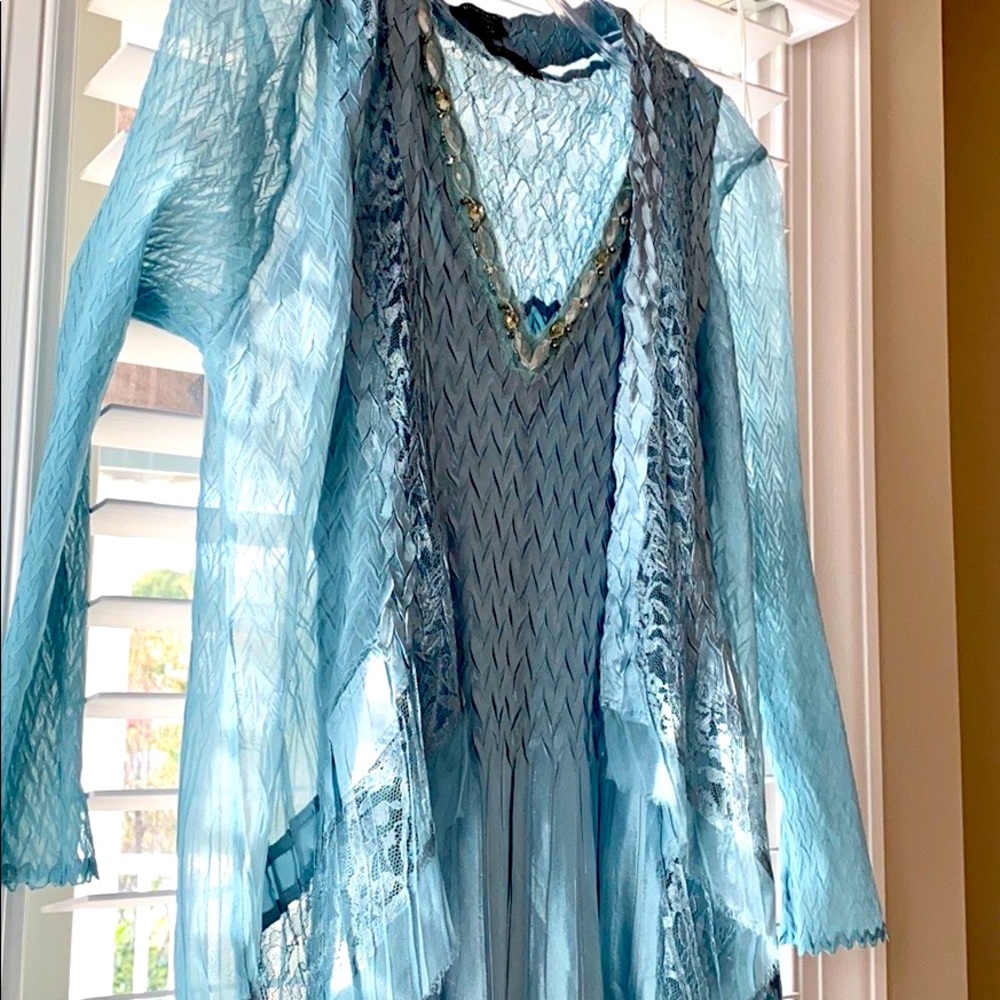 Lite blue sparkle dress, flowing jacket by komarov